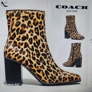 COACH Brown Drea Beadchain Leopard Block Heel Almond Toe Ankle Boots Booties 5